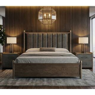 Jordan 3-Piece Dark Walnut Wood Queen Panel Bedroom Set with 2 Nightstands With Faux Leather Panels | The Home Depot