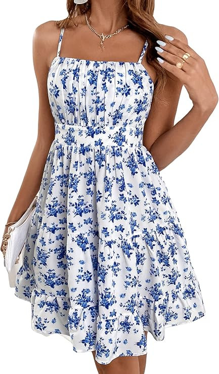 Verdusa Women's Floral Print Ruched Sleeveless Ruffle Hem A Line Swing Cami Dress | Amazon (US)