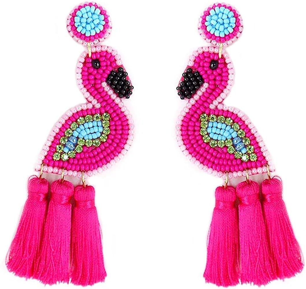 Beaded Flamingo Tassel Post Earrings Handmade Flamingo Tassel Tropical Summer | Amazon (US)