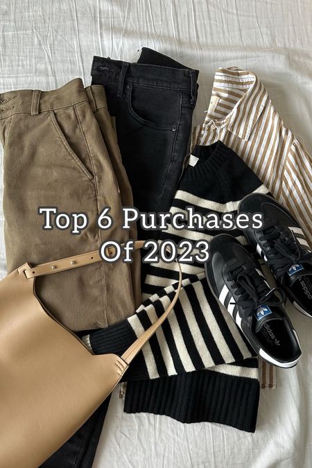 Top 6 purchases of 2023! Everything linked here. 

Cotton straight pants: these stretch so I sized down one size
Black jeans: tts 
Striped shirt: sized up to US8 but could size up more 
Striped sweater: tts. I’m in xs
