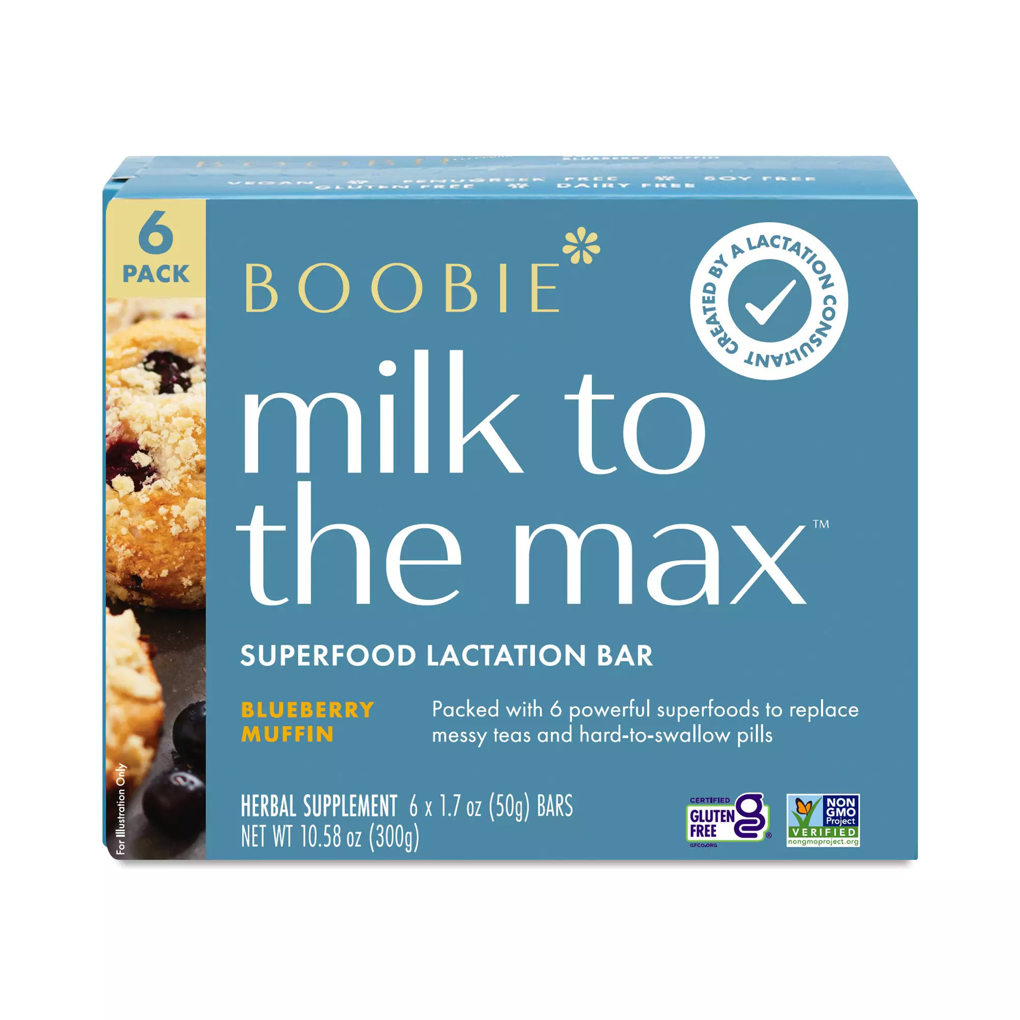 Boobie Boobie Bar, Milk to the Max Superfood Lactation Bar, Blueberry Muffin 6 bars (1.7 oz each) | Thrive Market