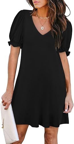 Women's Casual Dresses Puff Short Sleeve V-Neck Cocktail Dress with Pockets | Amazon (US)