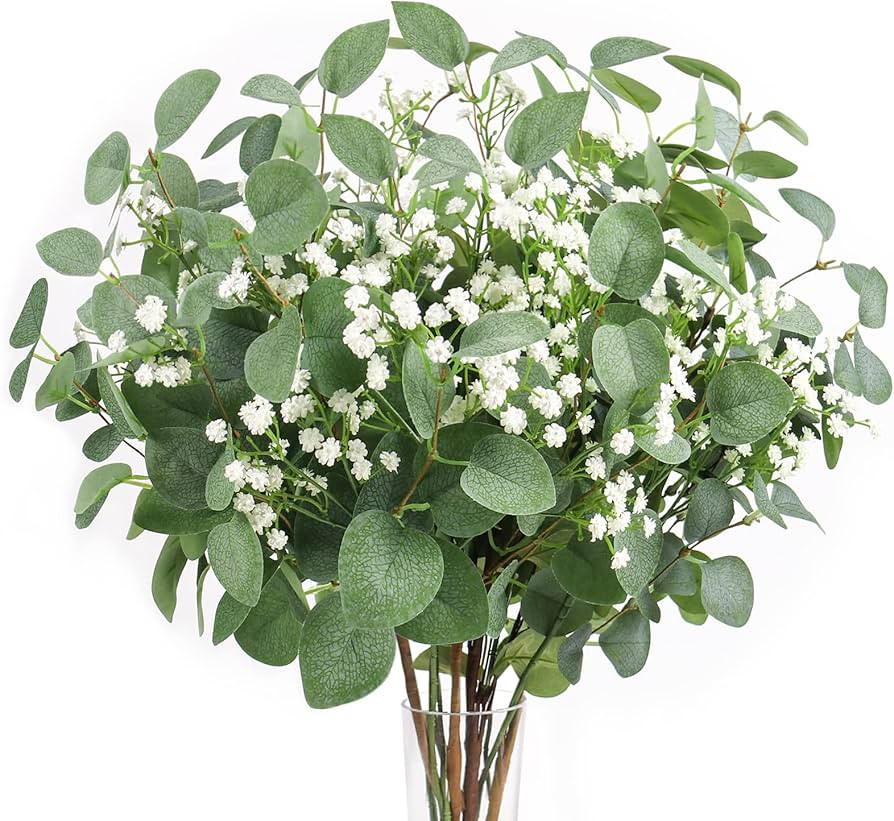 5pcs Eucalyptus Stems & 6pcs Babys Breath Artificial Flowers Faux Greenery Bouquets for Wedding T... | Amazon (US)