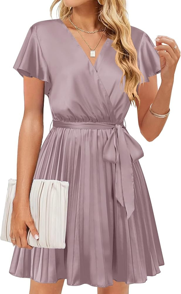 TECREW Women's 2023 Summer Satin Short Sleeve Tie Waist Mini Dress Pleated Wedding Guest Dress | Amazon (US)