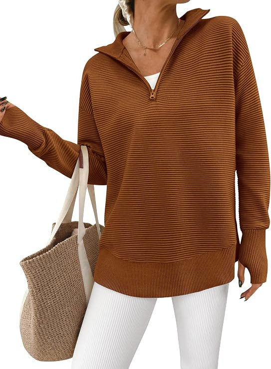 PRETTYGARDEN Womens Long Sleeve Quarter Zip Pullover Sweater | Casual Loose V Neck Sweaters with ... | Amazon (US)