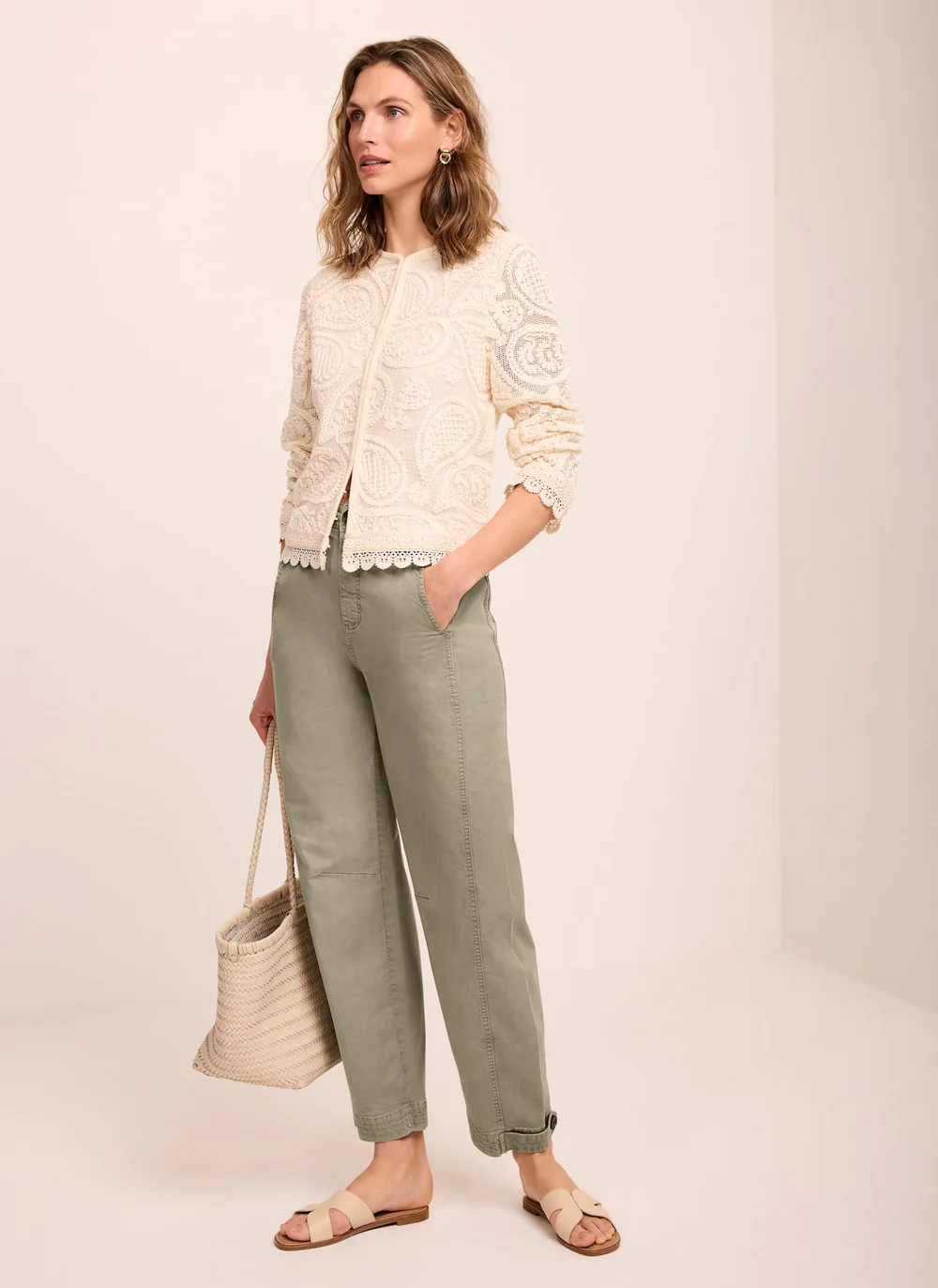 Khaki Barrel Leg Chino Trousers | Mint Velvet