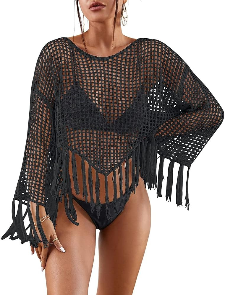 Bsubseach Crochet Cover Up for Swimwear Women Hollow Out Swimsuit Coverup Long Sleeve Beach Top | Amazon (US)