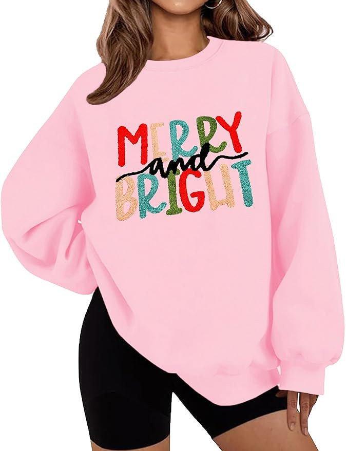 LETSEE Christmas Sweatshirts for Women Merry And Bright Crewneck Oversized Fleece Pullover Xmas H... | Amazon (US)