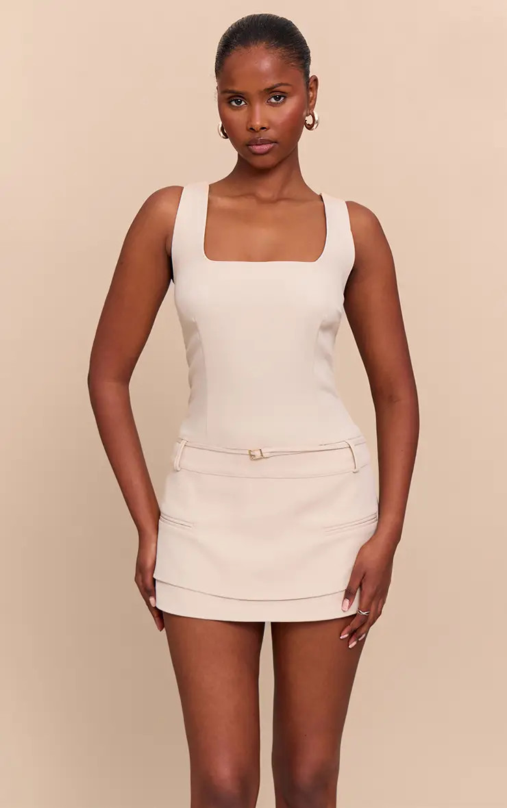 Beige Woven Belt Detail Skort Playsuit | PrettyLittleThing | PrettyLittleThing UK