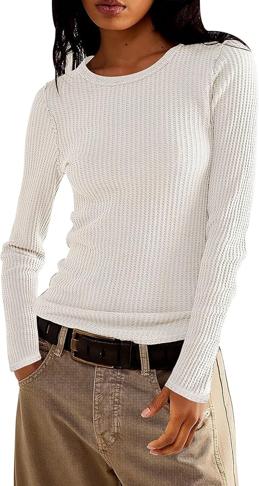 Jar of Love Long Sleeve Shirts for Women Waffle Knit Tops Crew Neck Thermal Shirts Fall Outfits F... | Amazon (US)