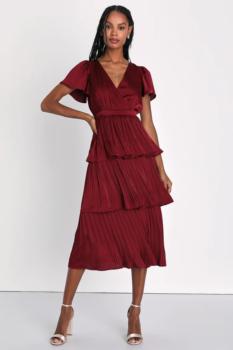 Twirl-wind Romance Burgundy Satin Tiered Midi Dress | Christmas Wedding Guest  | Lulus (US)