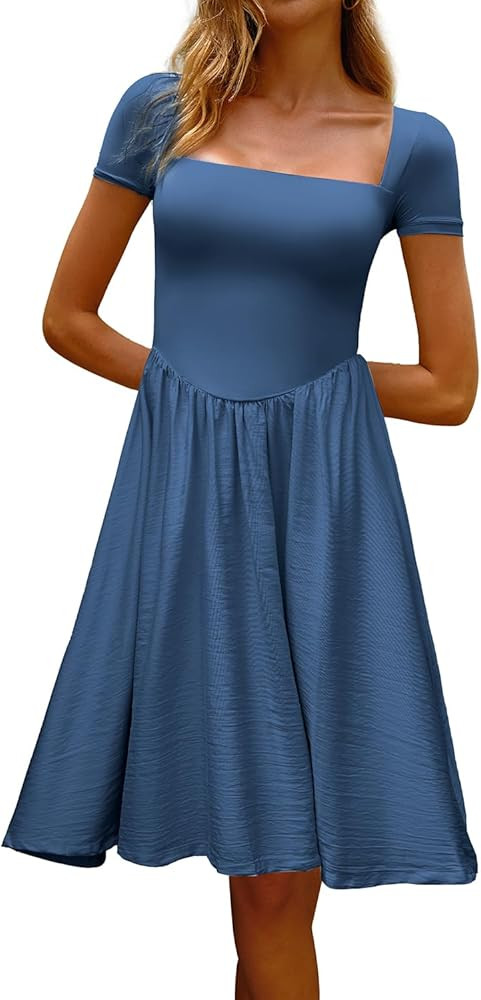 CHYRII Women Fashion Summer 2025 Square Neck Short Sleeve A-Line Wedding Guest Cocktail Midi Dres... | Amazon (US)