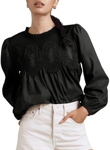 Womens Lace Mesh Flared Blouse Long Sleeve Crew Neck Trendy Floral Embroidered Sheer Lace Poplin ... | Amazon (US)