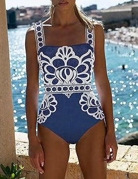 FLAXMAKER Lily and Majolica Series Intertwine Pattern Print Sling One Piece Swimsuit and Skirt | Amazon (US)