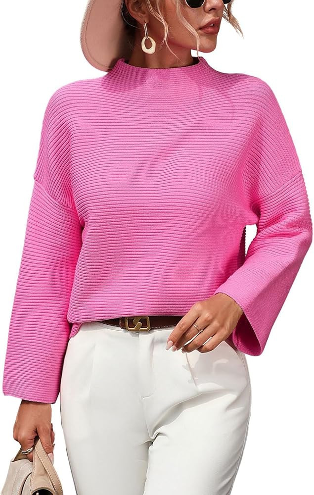 chouyatou Womens Fall Mock Neck Pullover Sweater Elegant Ribbed Knit Dressy Casual Sweater Top | Amazon (US)