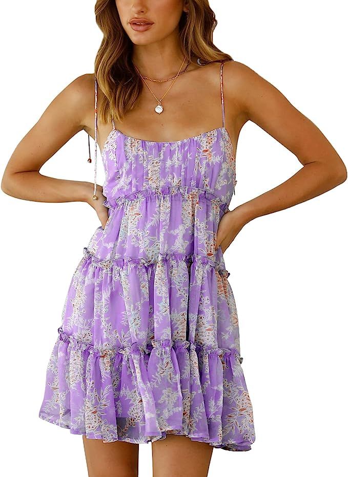 Loccysu Womens Summer Floral Dress Smocked Spaghetti Strap Lined Tiered Flowy Mini Skater Dress | Amazon (US)