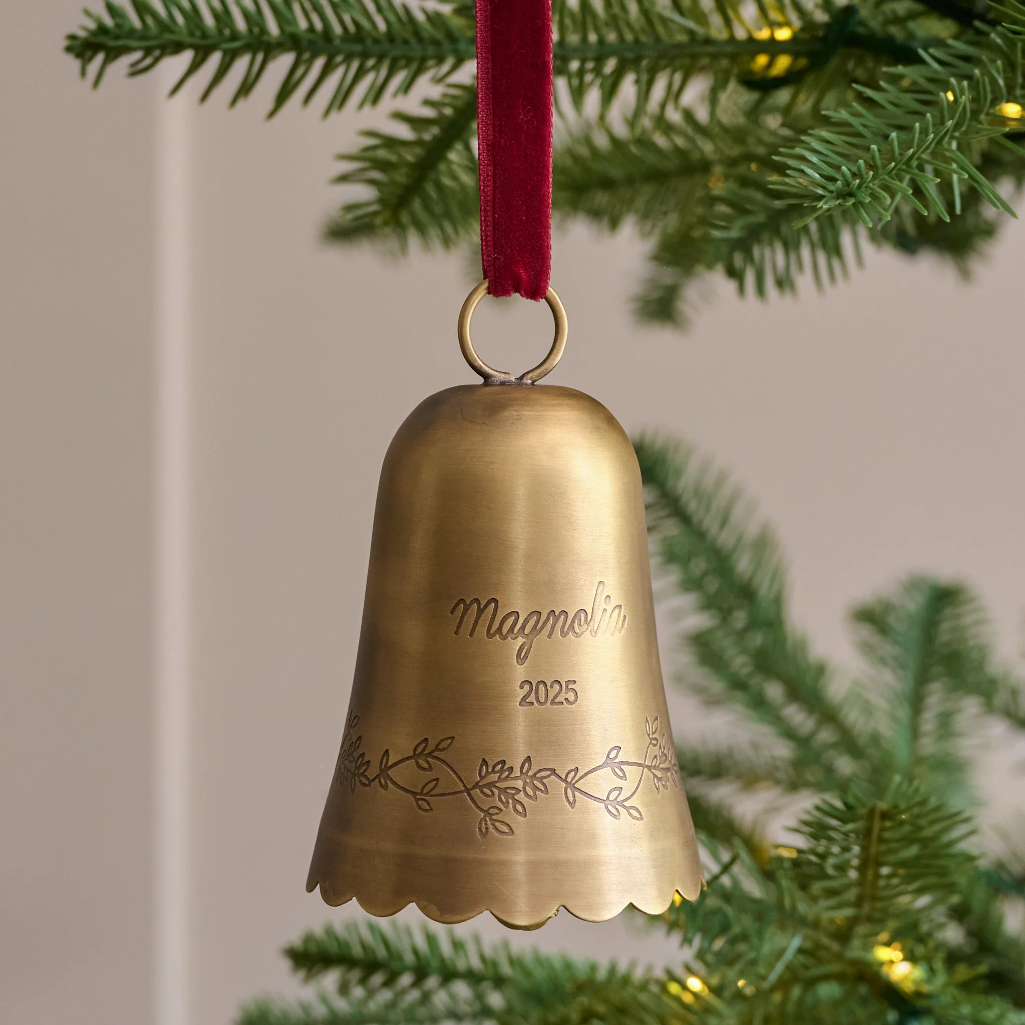 Engraved Magnolia Brass Bell Ornament | Magnolia