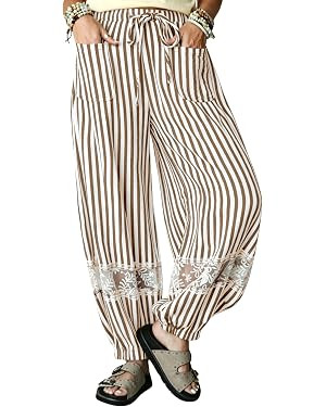 Yeokou Women's Boho Striped Pants Lace Casual Trousers with Pockets | Elastic Drawstring Waist, A... | Amazon (US)