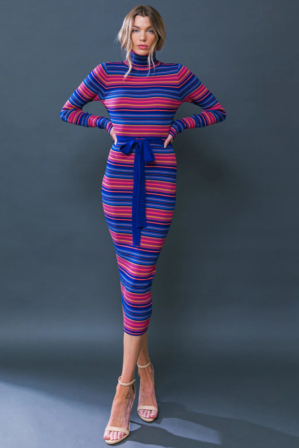 SWEATER WEATHER MIDI DRESS - BLUE & FUCHSIA STRIPE | Lady Black Tie