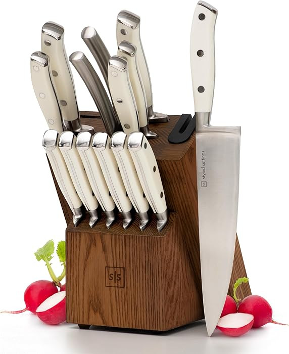 White Knife Set with Block – 14-Piece Forged Stainless Steel Knives with Triple Rivet Handles, ... | Amazon (US)