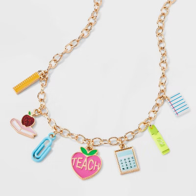 Teacher Pencil Calculator Apple Charm Necklace - Gold | Target