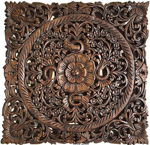 Asiana Home Decor Carved Wood Wall Art- Oriental Carved Lotus Wood Plaque 24"x24"x0.5" (Dark Brow... | Amazon (US)