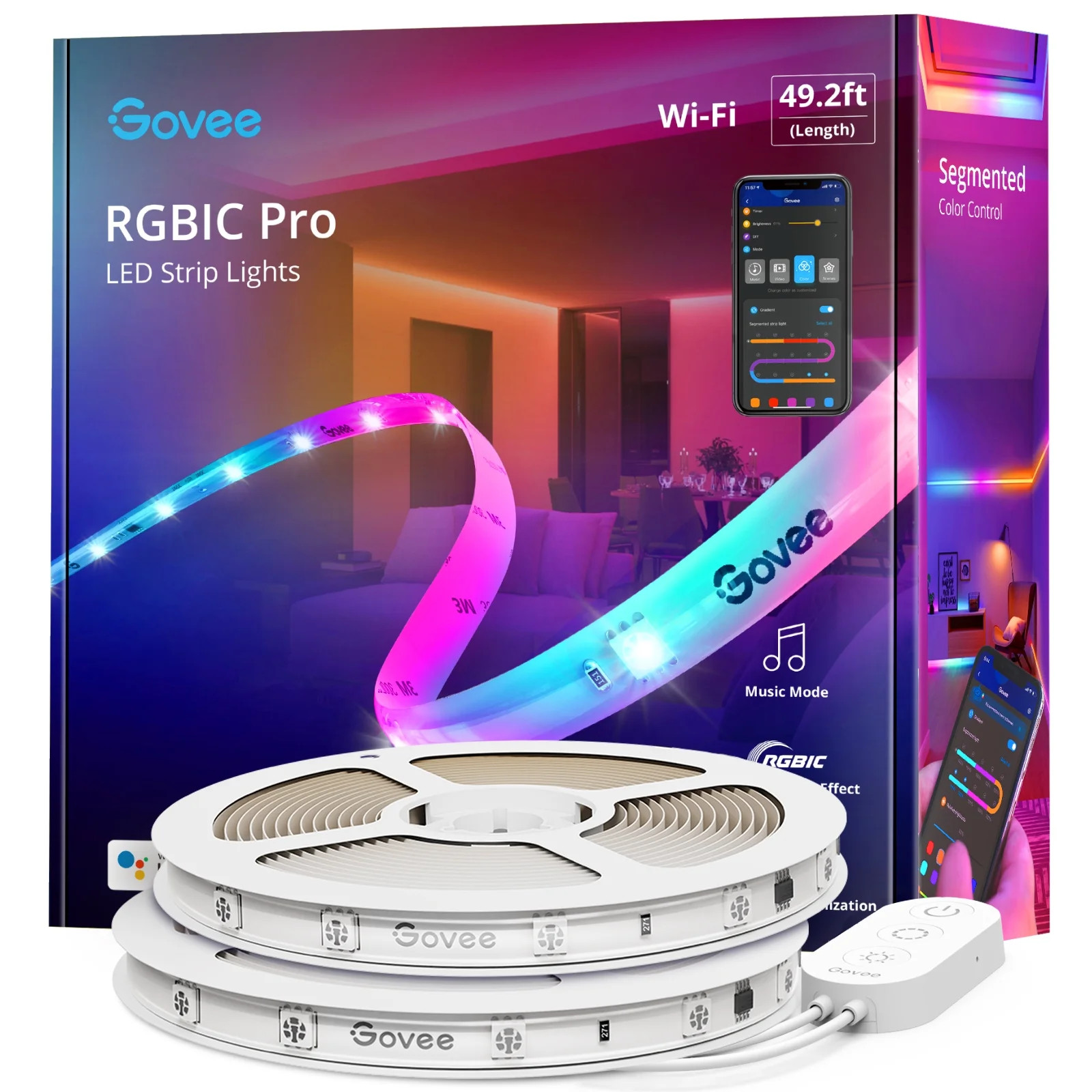 Govee 49.2ft Wi-Fi RGBIC Led Strip Light for Bedroom, Living Room, Kitchen Decoration, 16 Million... | Walmart (US)