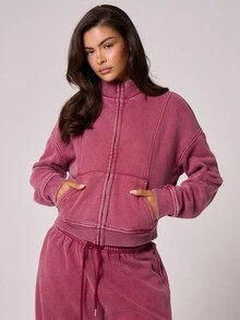 MUSERA Washed Zip Through Sweatshirt Fall Winter Christmas | SHEIN