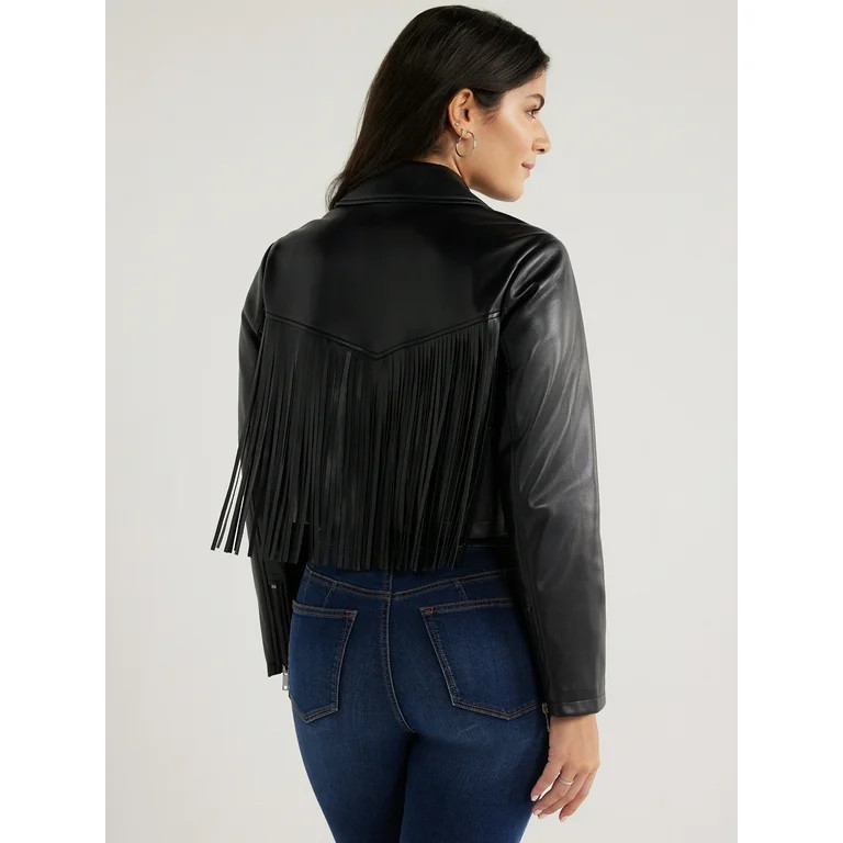 Sofia Jeans Women's Faux Leather Asymmetrical Zip Cropped Fringe Jacket, Sizes XS-XXL | Walmart (US)