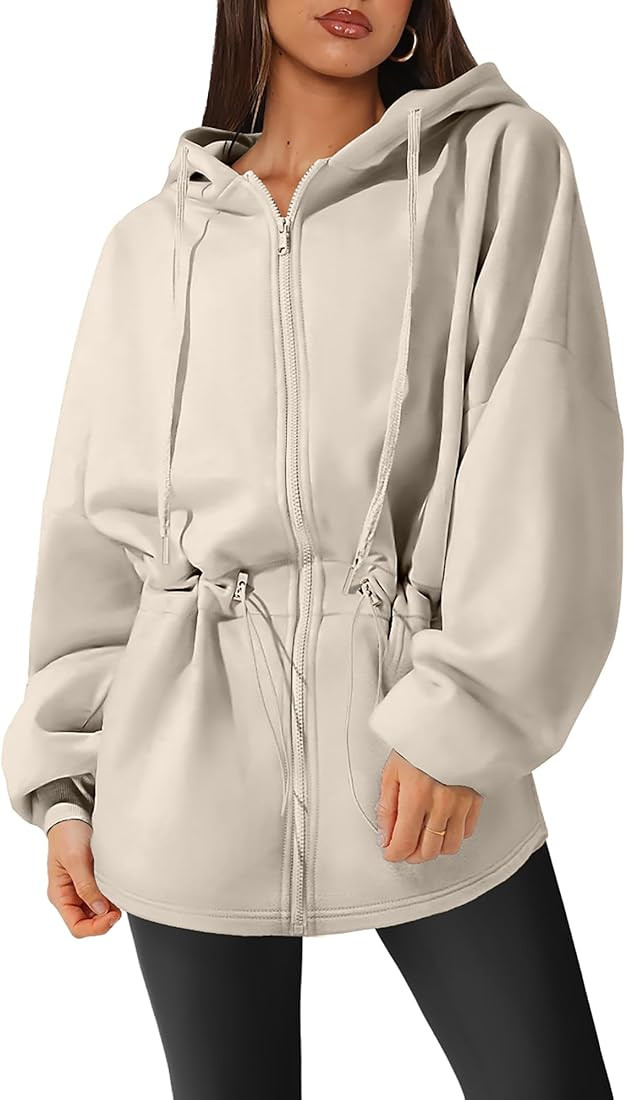 Womens Oversized Hoodies Fleece Zip Up Sweatshirts Drawstring Waist Long Sleeve Sweaters Pullover... | Amazon (US)