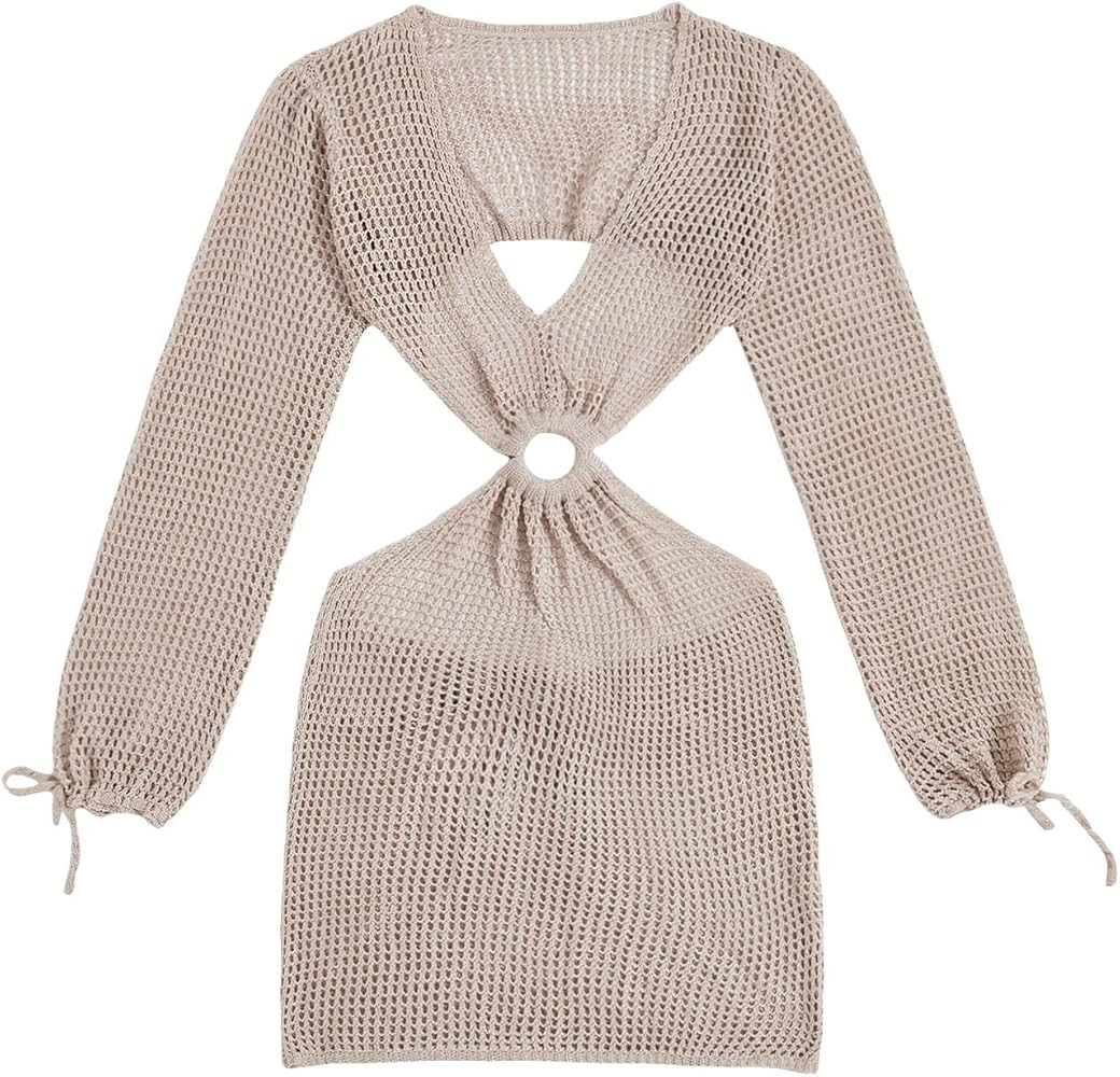 MakeMeChic Women's Crochet Cover Up Long Sleeve Knitted Swim Beach Cover Up Dress Swimwear | Amazon (US)