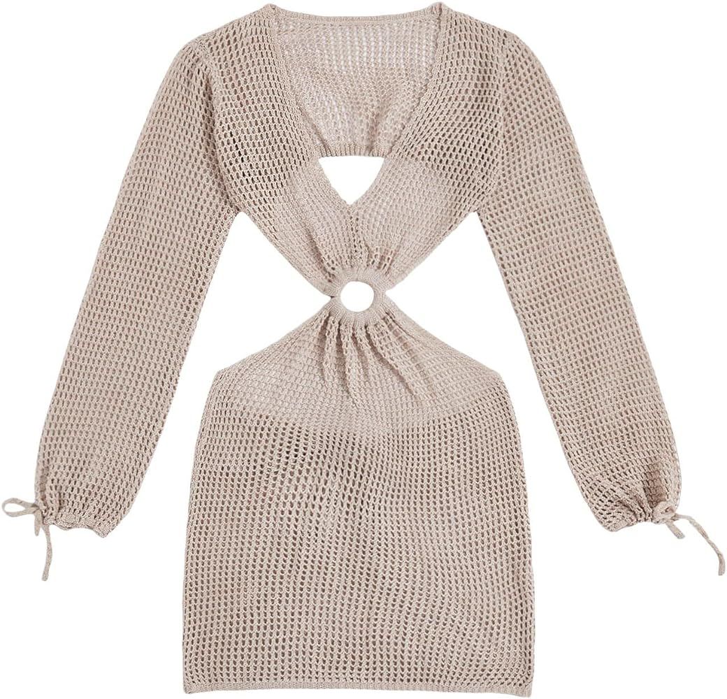MakeMeChic Women's Crochet Cover Up Long Sleeve Knitted Swim Beach Cover Up Dress Swimwear | Amazon (US)