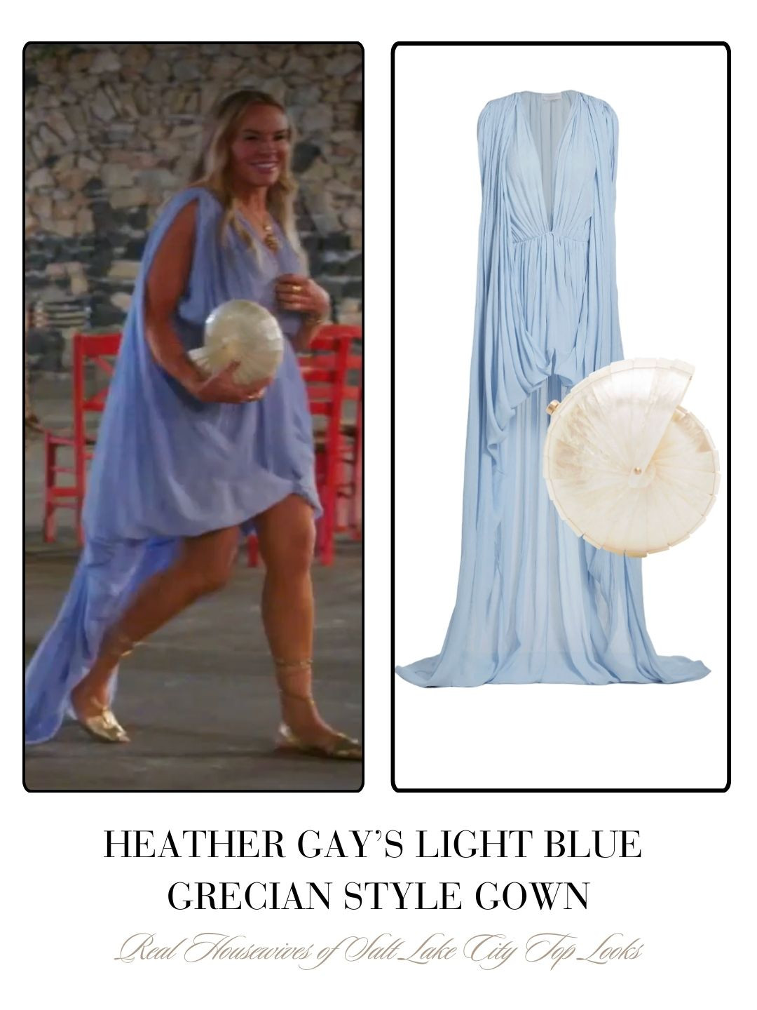 Heather Gay’s Light Blue Grecian Maxi Dress and White Shell Bag on the Real Housewives of Salt Lake City Season 6 Finale 