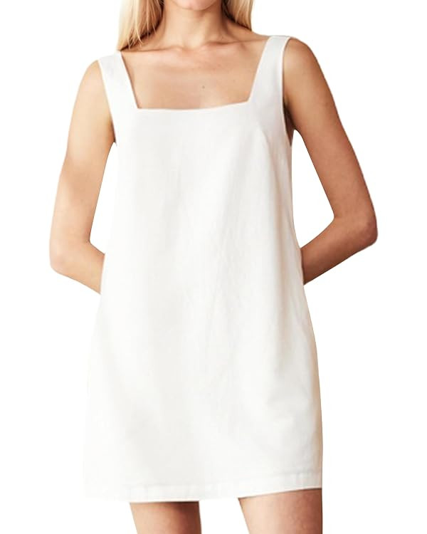 Summer Linen Mini Dress for Women Sleeveless Square Neck Tank Shift Dresses Causal Backless Solid... | Amazon (US)