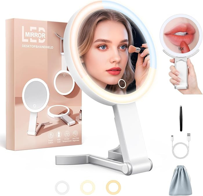 Travel Makeup Mirror with Lights, 15X/1X Double Sided Travel Magnifying Mirror, Portable Beauty L... | Amazon (US)