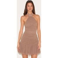 Mushroom Chiffon Halter Neck Mini Dress | PrettyLittleThing US