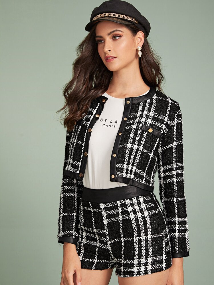 Tweed Button Front Plaid Crop Jacket & Shorts | SHEIN