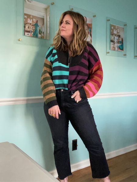 Stripe Staud Sweater / size down it runs over sized 
Kick flare black jeans / my favs and run true to size 

#LTKFind #LTKcurves