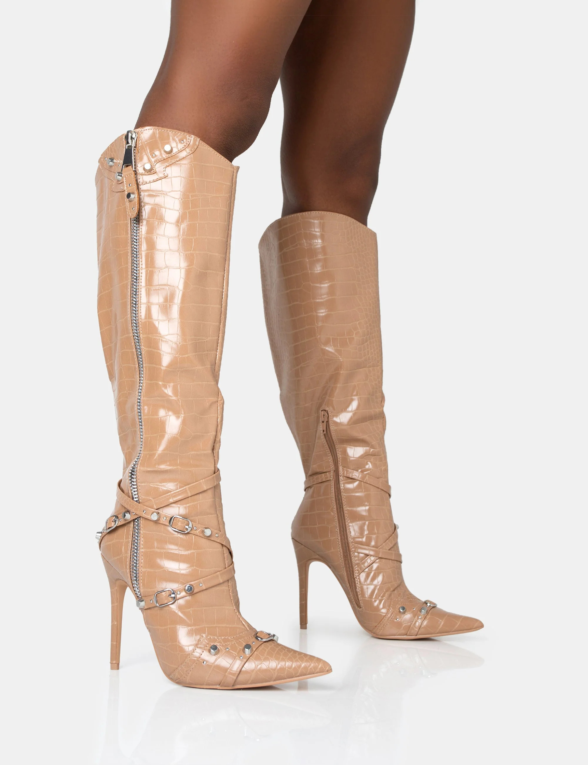 Worthy Camel Croc Studded Zip Detail Pointed Stiletto Knee High Boots | Public Desire (US & CA)