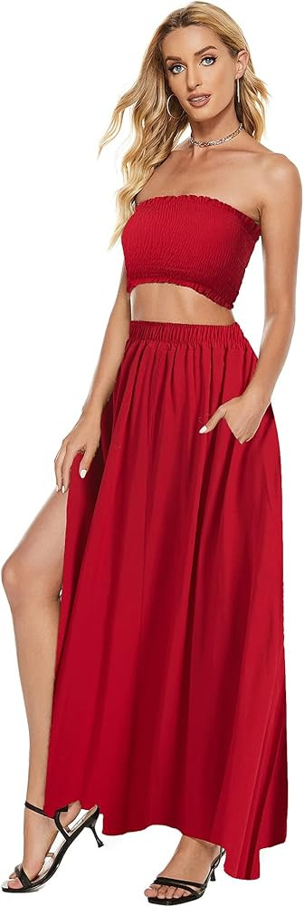 Umenlele Women's 2 Piece Outfit Floral Print Crop Top and Long Skirt Set with Pockets | Amazon (US)