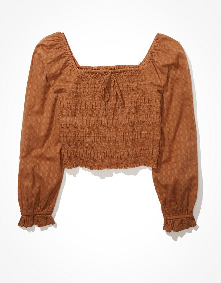 AE Smocked Puff-Sleeve Square Neck Blouse | American Eagle Outfitters (US & CA)