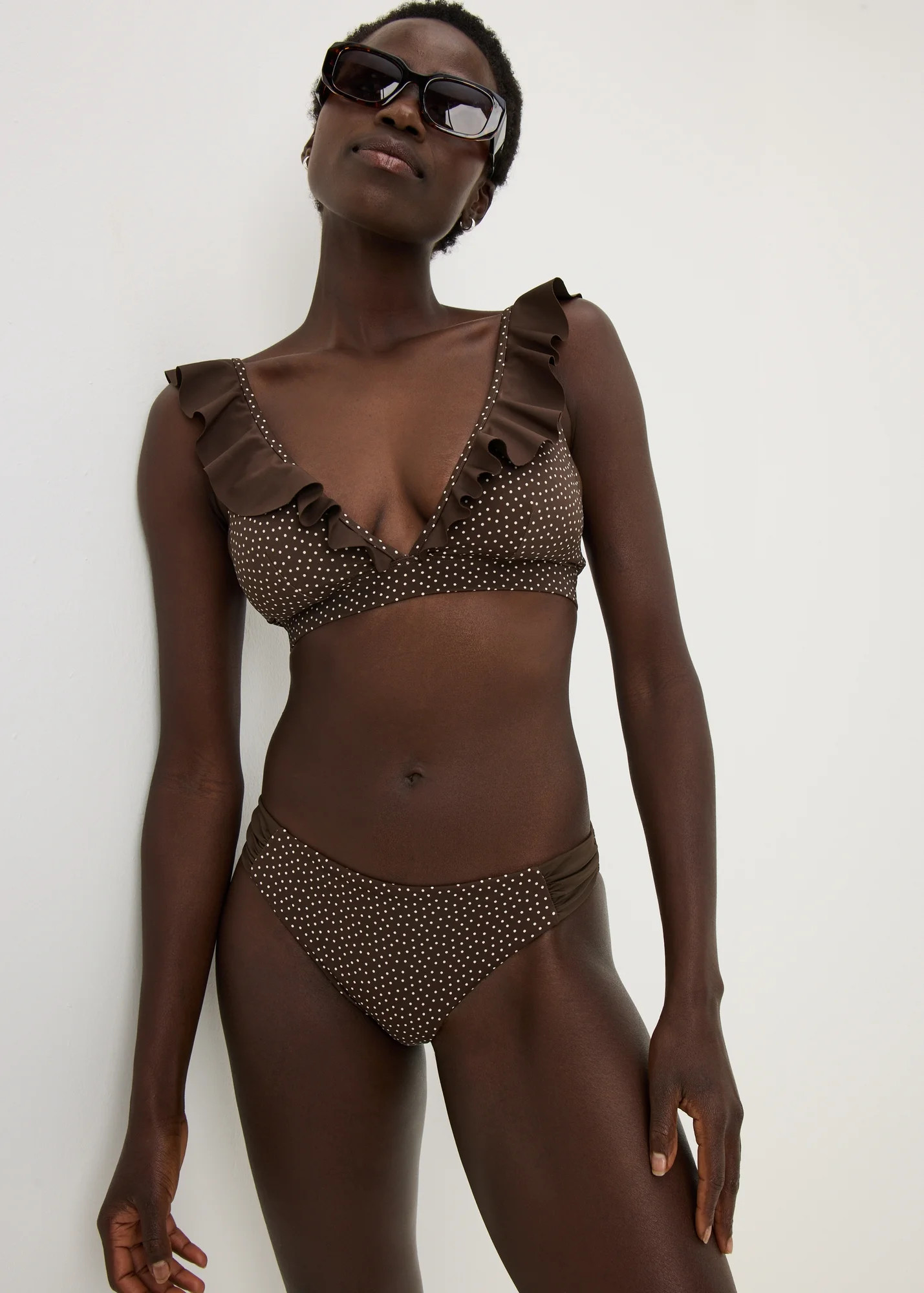 Chocolate Brown Polka Dot Frill Bikini Top | Matalan (UK)