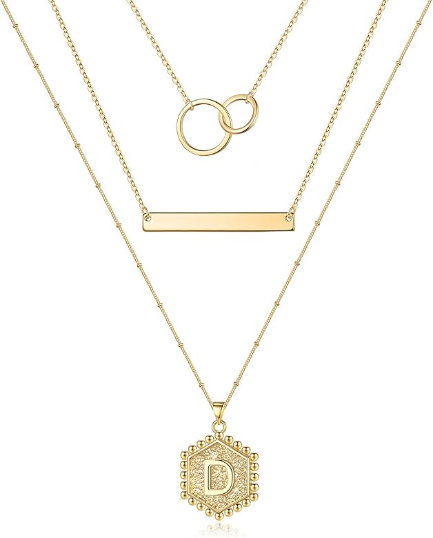 Layered Initial Necklaces for Women, 14K Gold Plated Bar Necklace Dainty Layering Hexagon Letter ... | Amazon (US)