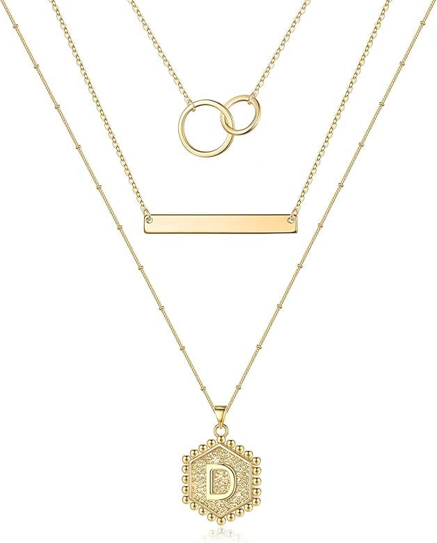 Layered Initial Necklaces for Women, 14K Gold Plated Bar Necklace Dainty Layering Hexagon Letter ... | Amazon (US)