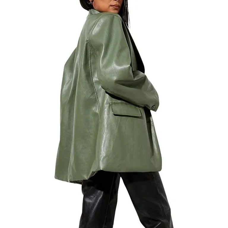 PIKADINGNIS Women's Tailored Collar Faux PU Leather Boyfriend Style Blazer Jacket | Walmart (US)