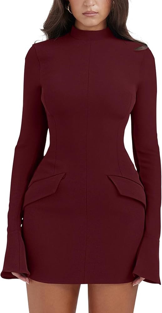 YMDUCH Women's Long Sleeve Mock Turtle Neck Bodycon Mini Tank Short Party Dress | Amazon (US)
