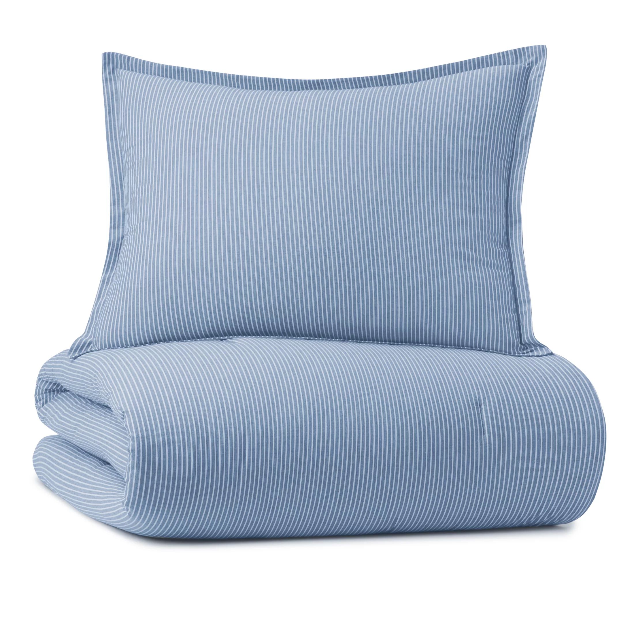 Gap Home Yarn Dyed Washed Chambray Stripe Reversible Organic Cotton Comforter Set, King, Blue, 3-... | Walmart (US)