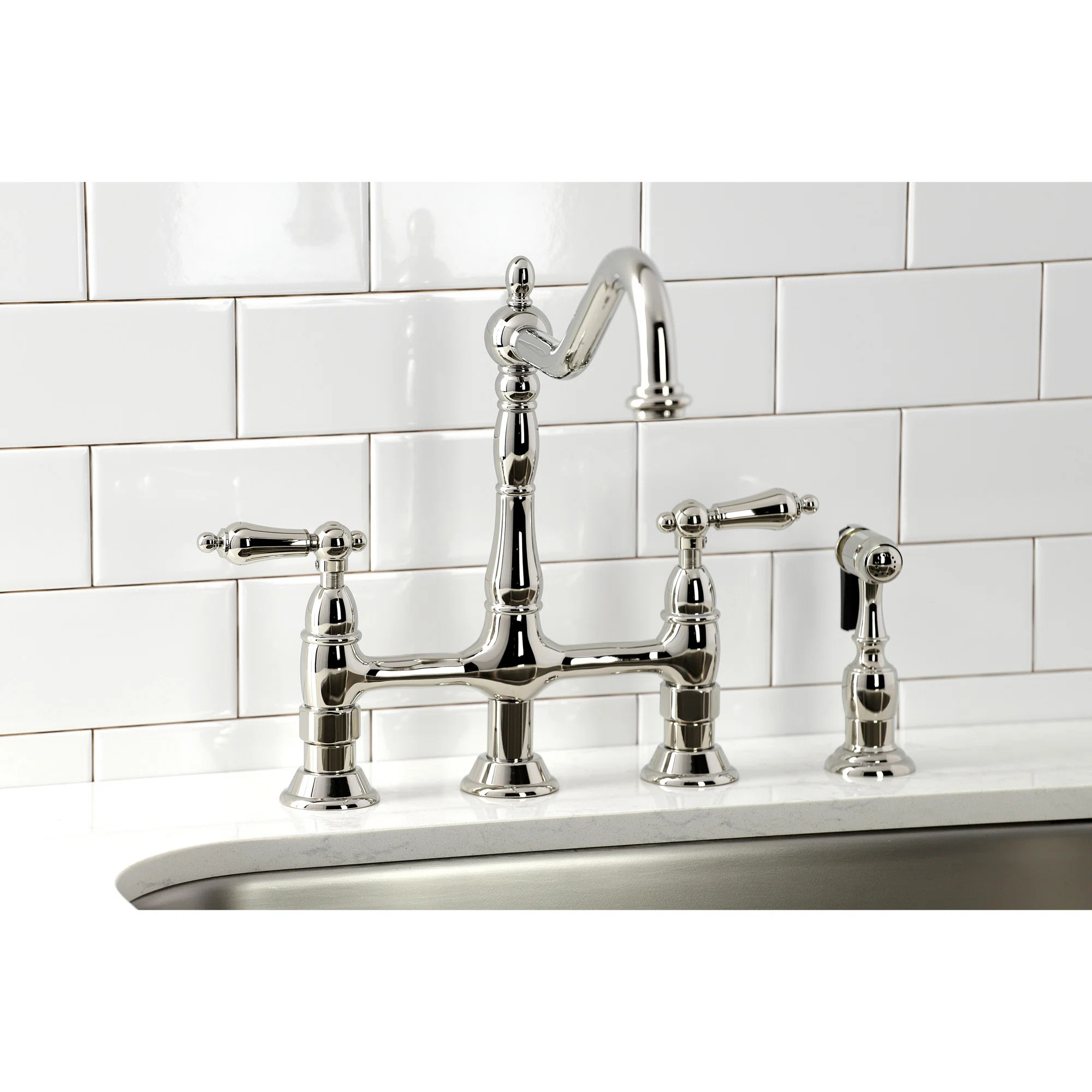 Kingston Brass Heritage Two-Handle 4-Hole Deck Mount Bridge Kitchen Faucet with Brass Side Spraye... | Wayfair North America