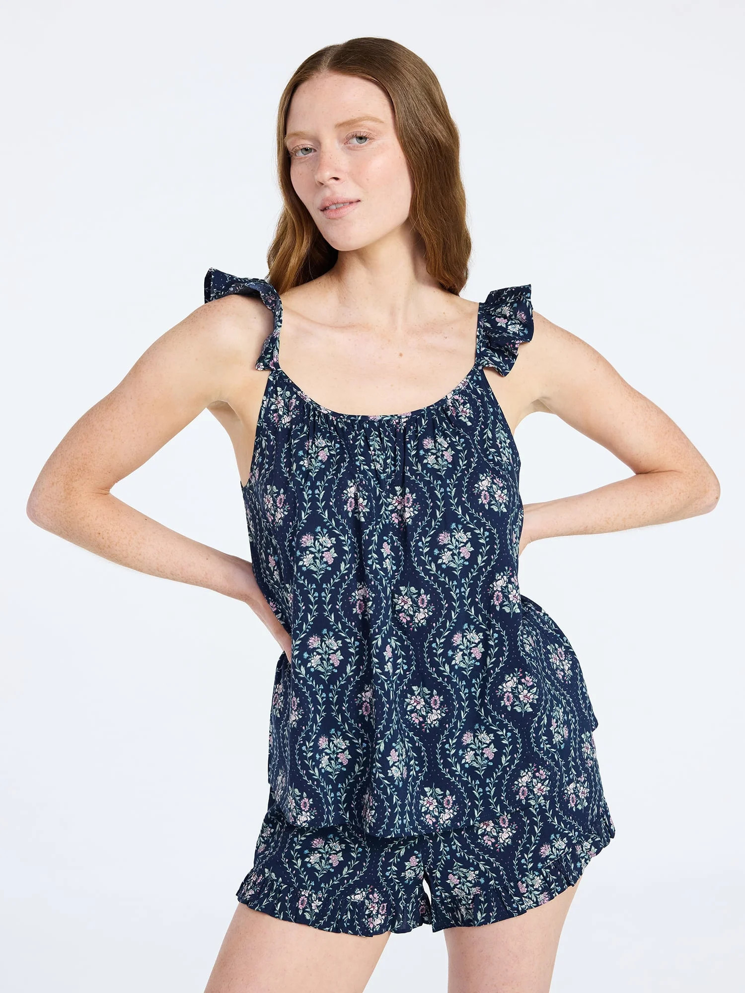 Joyspun Women's Woven Sleep Cami and Shorts Set with Ruffle, 2-Piece, Sizes XS-3X | Walmart (US)