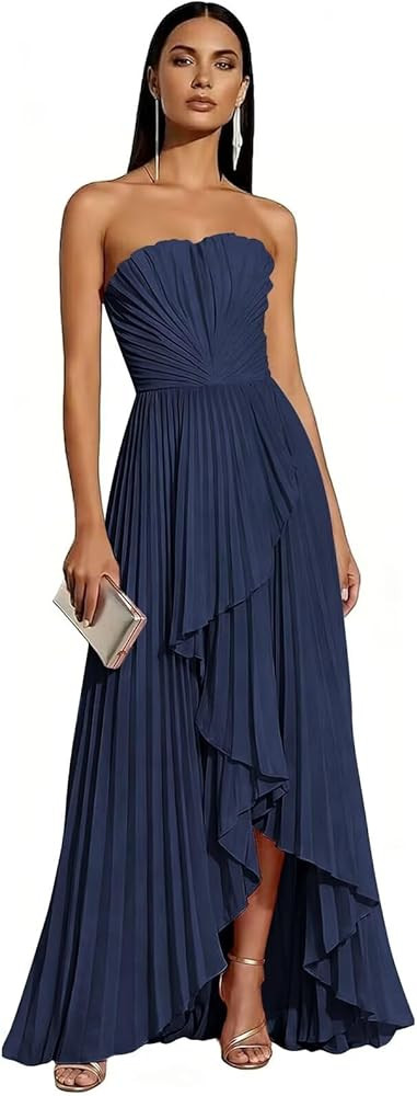 Strapless Bridesmaid Dresses for Women 2026 Pleated Satin Hi-Lo Formal Dress for Wedding Guest | Amazon (US)